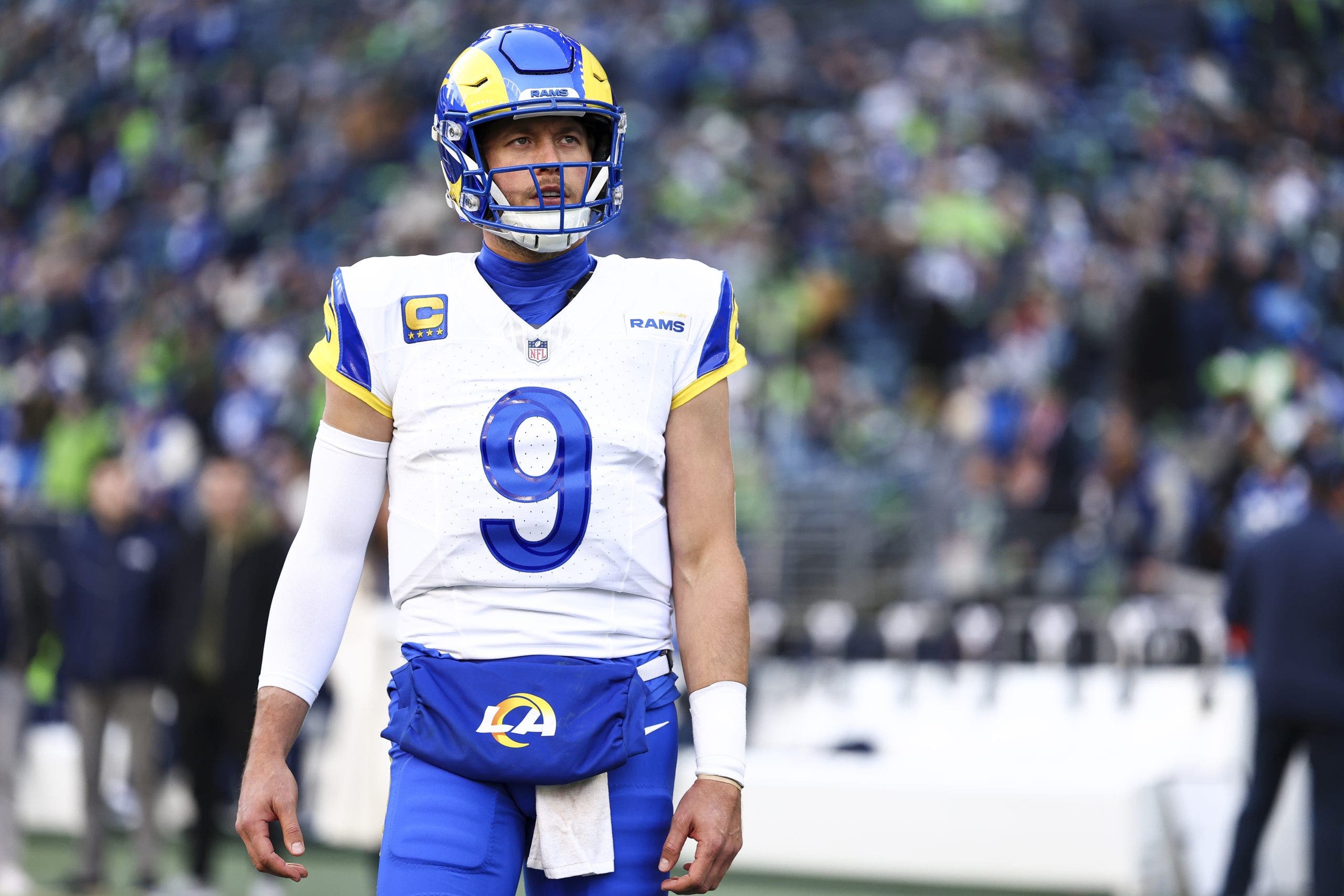Matthew Stafford won MVP after leading the NFL in passing yards and passing touchdowns in 2025. (Photo by Kevin Sabitus/Getty Images)