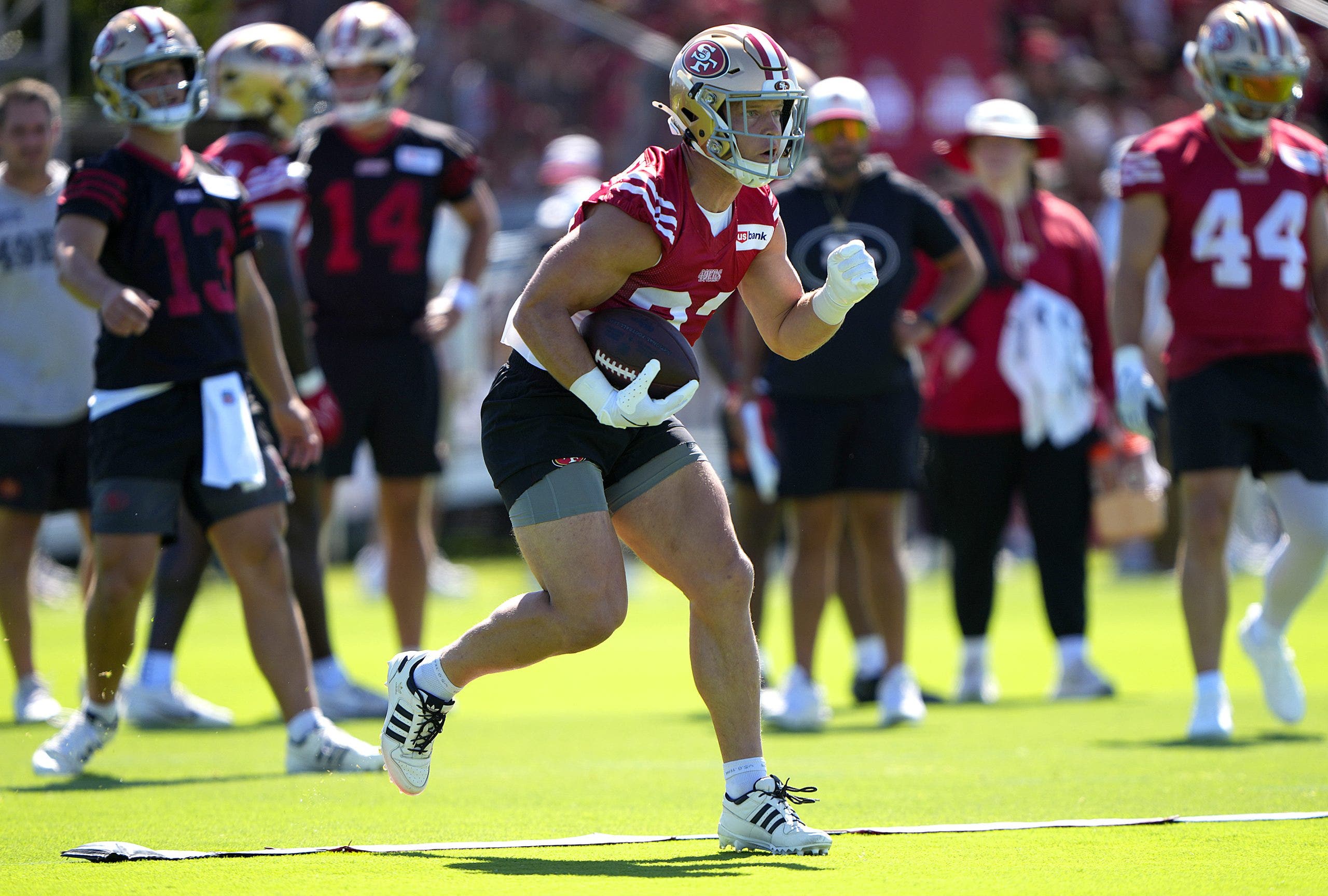 Christian McCaffrey continues to manage his workload at practice coming off a 2025 season where he led the NFL with 413 total touches for 2,126 scrimmage yards and 17 touchdowns.(Photo by Thearon W. Henderson/Getty Images)