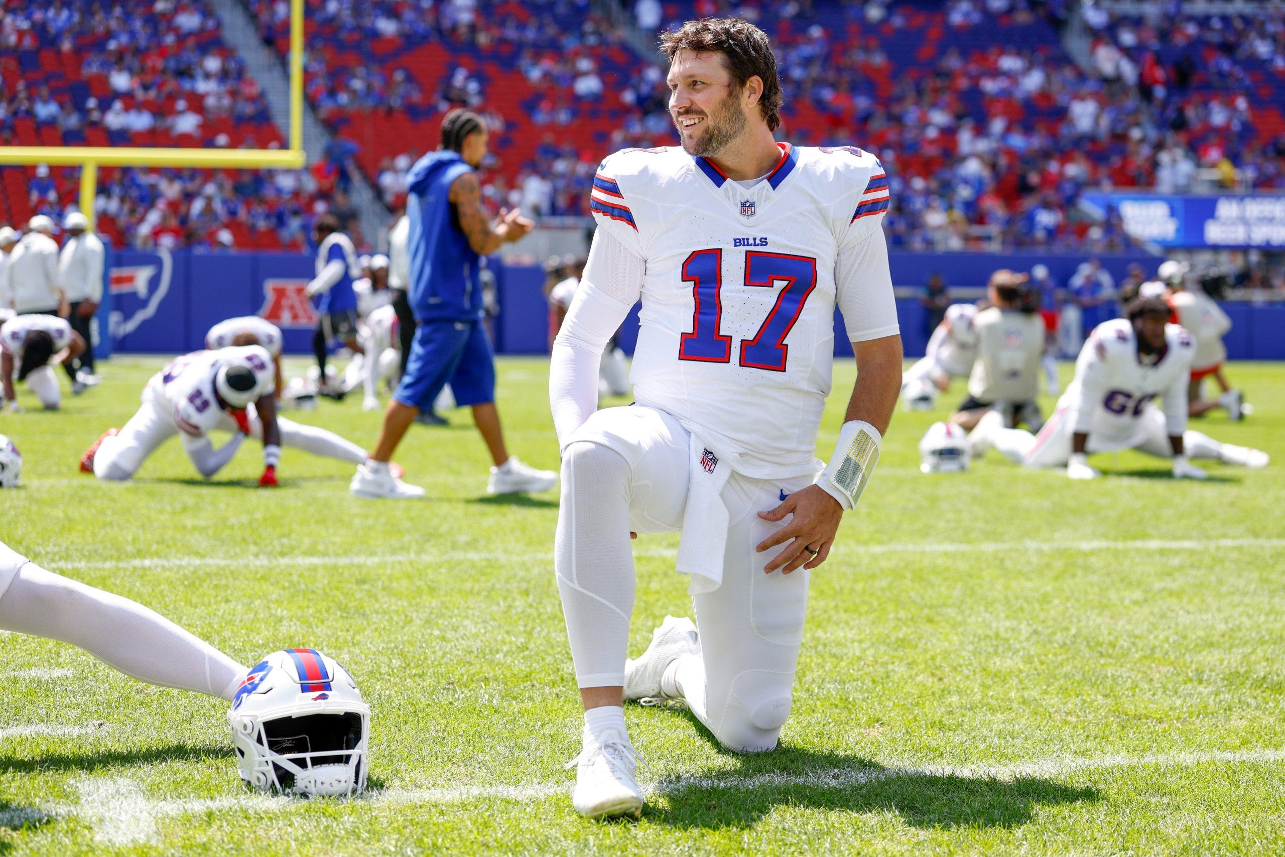 ORCHARD PARK, NEW YORK - AUGUST 15: Josh Allen #17 of the Buffalo Bills warms up prior to a preseason game against the Carolina Panthers at Highmark Stadium on August 15, 2026 in Orchard Park, New York. (Photo by Lauren Leigh Bacho/Getty Images)