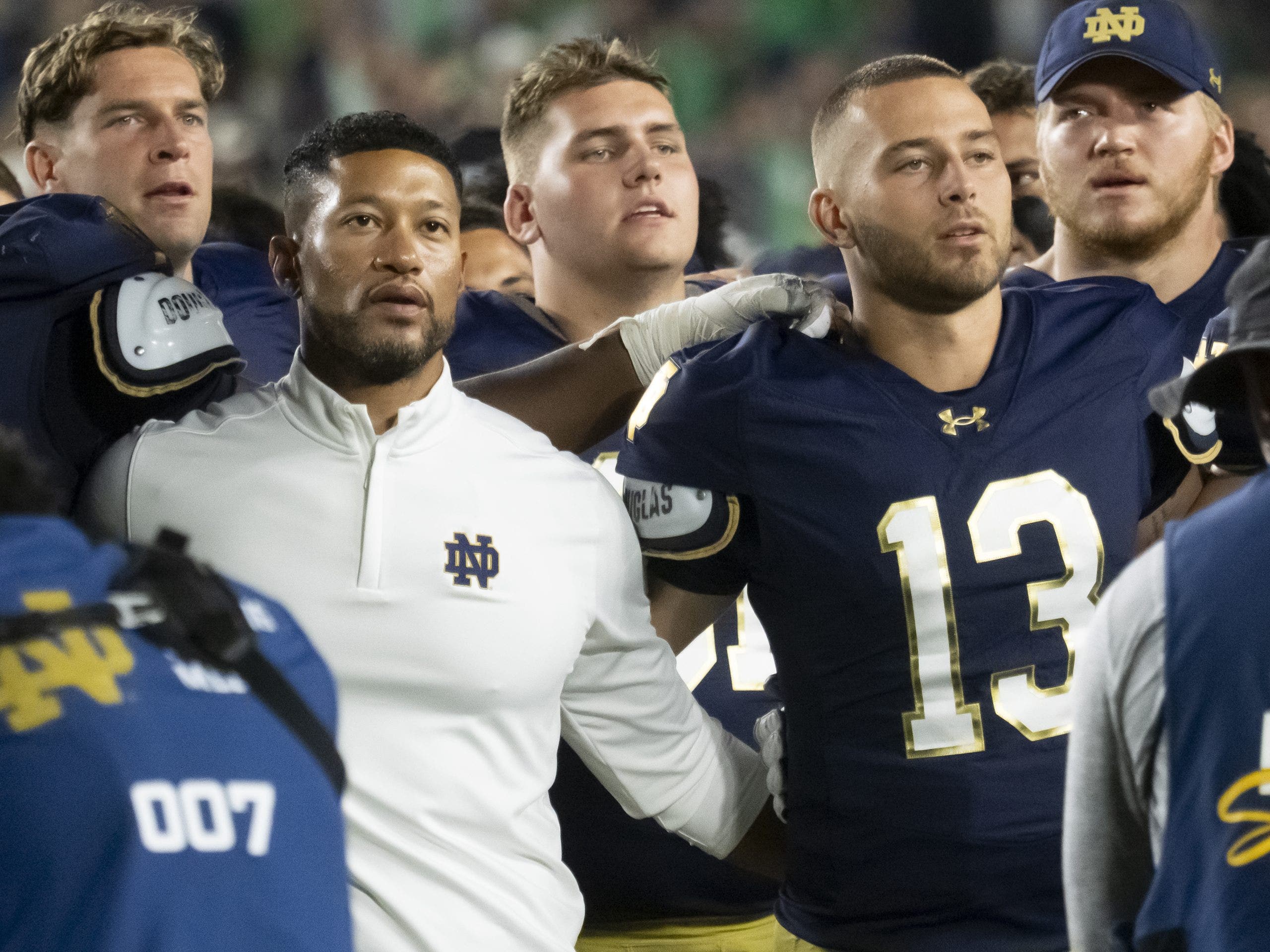 Notre Dame head coach Marcus Freeman and quarterback CJ Carr, who threw for 2,741 yards and 24 touchdowns in his first-year as a starter in 2025.(Photo by Joseph Weiser/Icon Sportswire via Getty Images)
