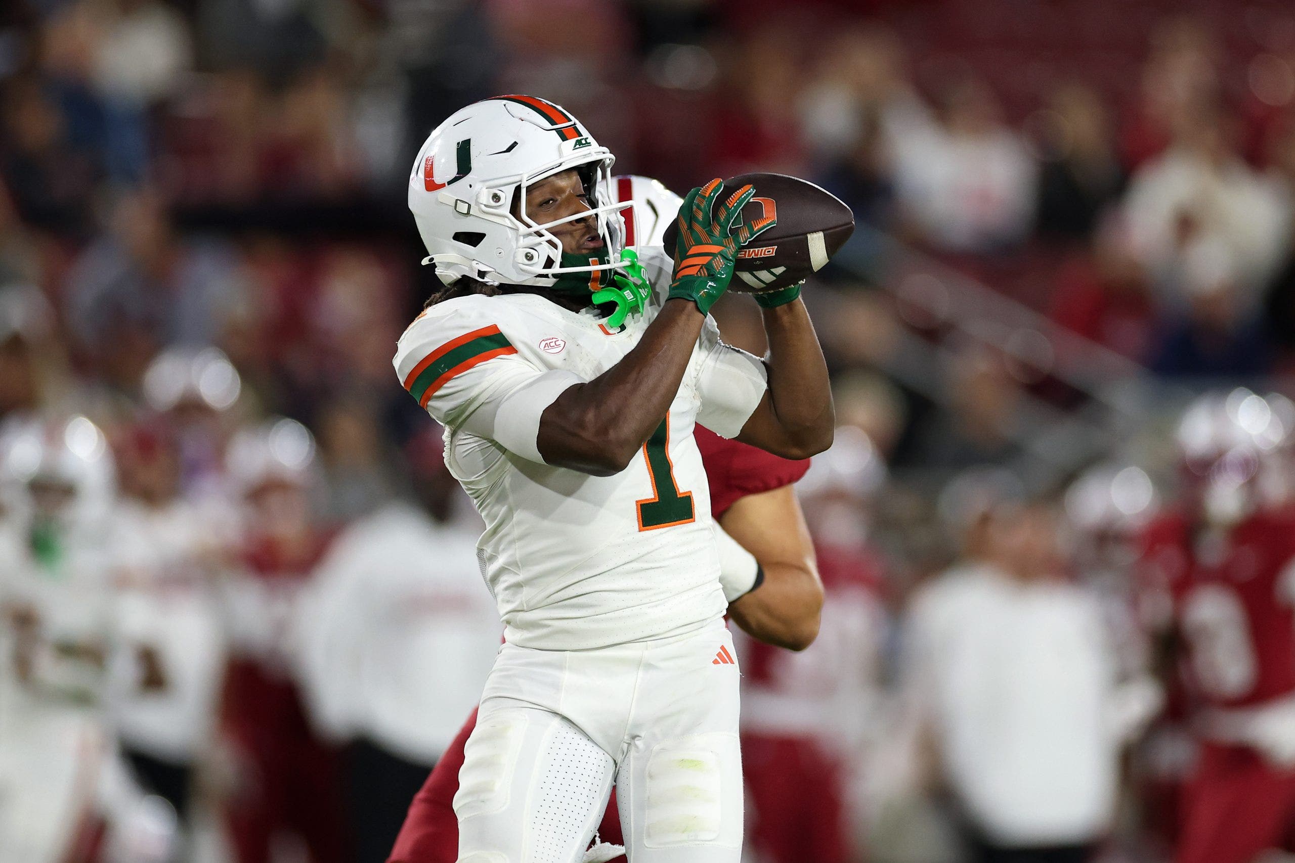 Malachi Toney set Miami's single-game receiving yards record against Stanford (Photo by Ezra Shaw/Getty Images).