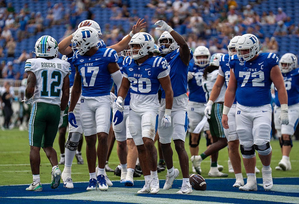 Nate Sheppard (20) rushed for 227 yards and two touchdowns as Duke defeated Tulane 17-3 in Week 1. (Photo by Alex Halloway/Getty Images)