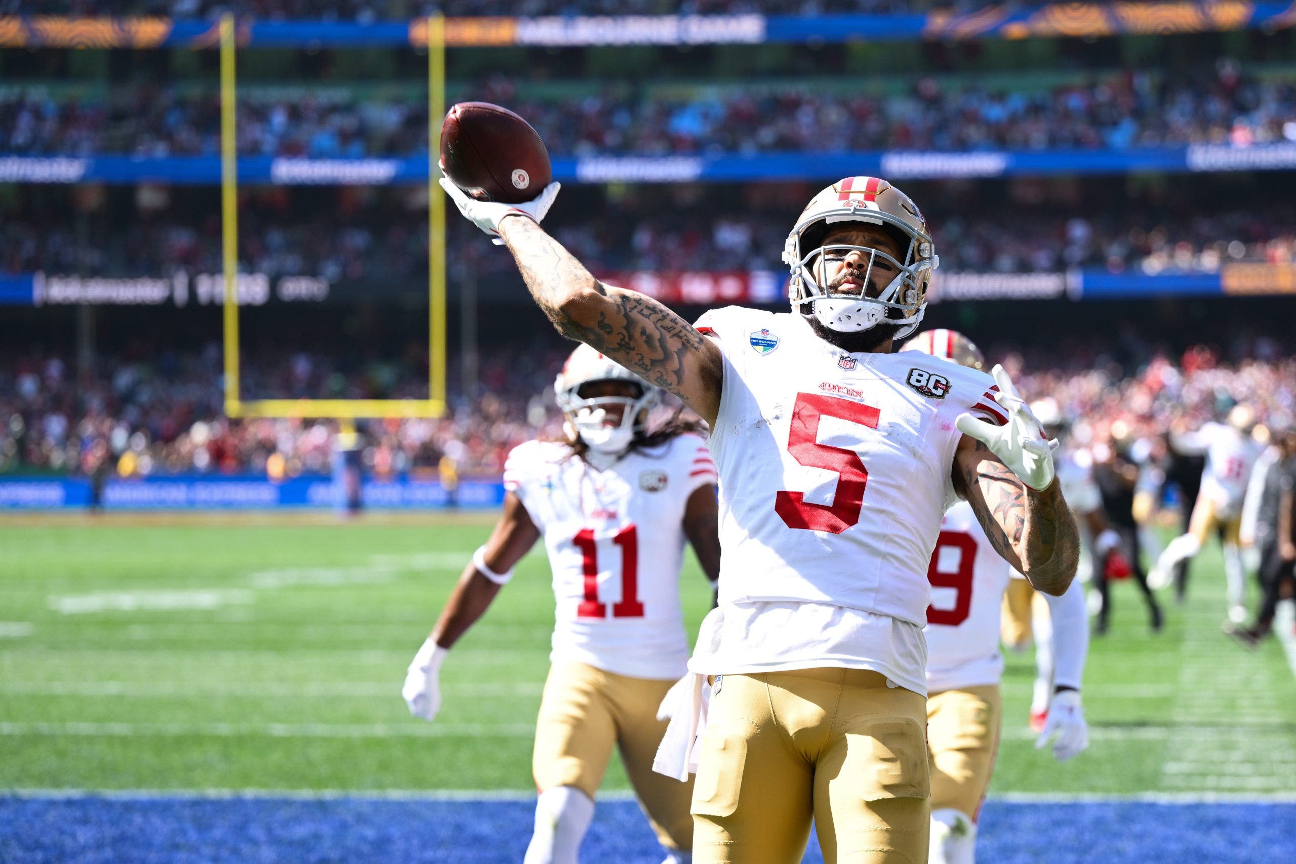 Mike Evans logged a touchdown grab in his 49ers debut. (Photo by Quinn Rooney/Getty Images)