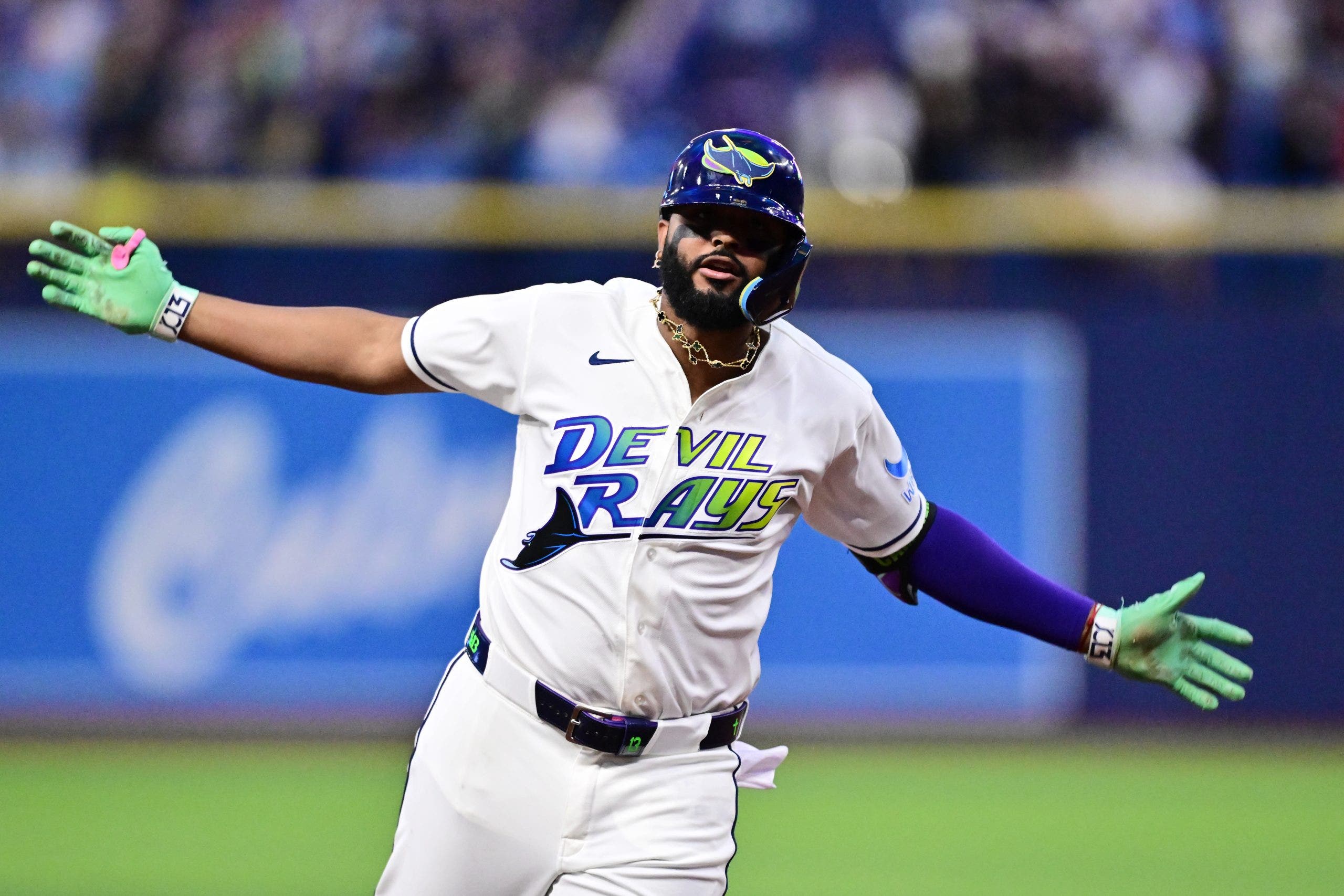 Junior Caminero finished 2026 tied for second in the AL in homers with 42. (Photo by Julio Aguilar/Getty Images)