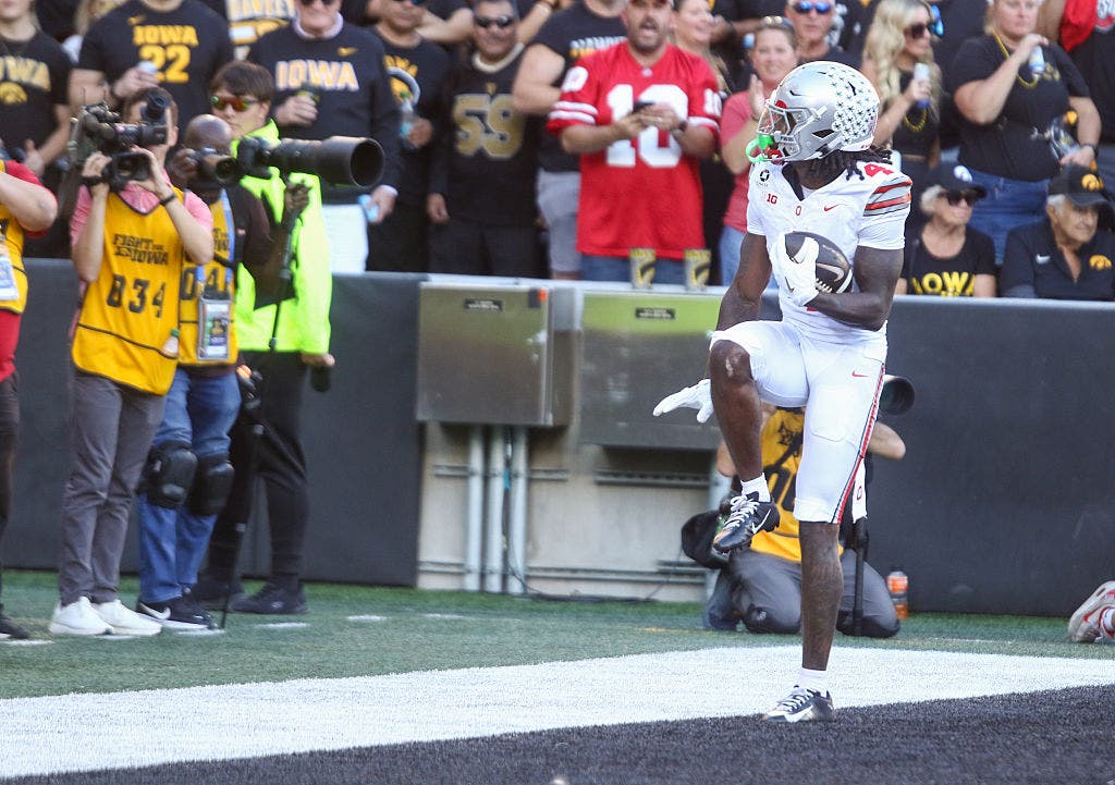 Jeremiah Smith is trying to become the first wide receiver since Alabama's Devonta Smith to win the Heisman Trophy. (Photo by Matthew Holst/Getty Images)
