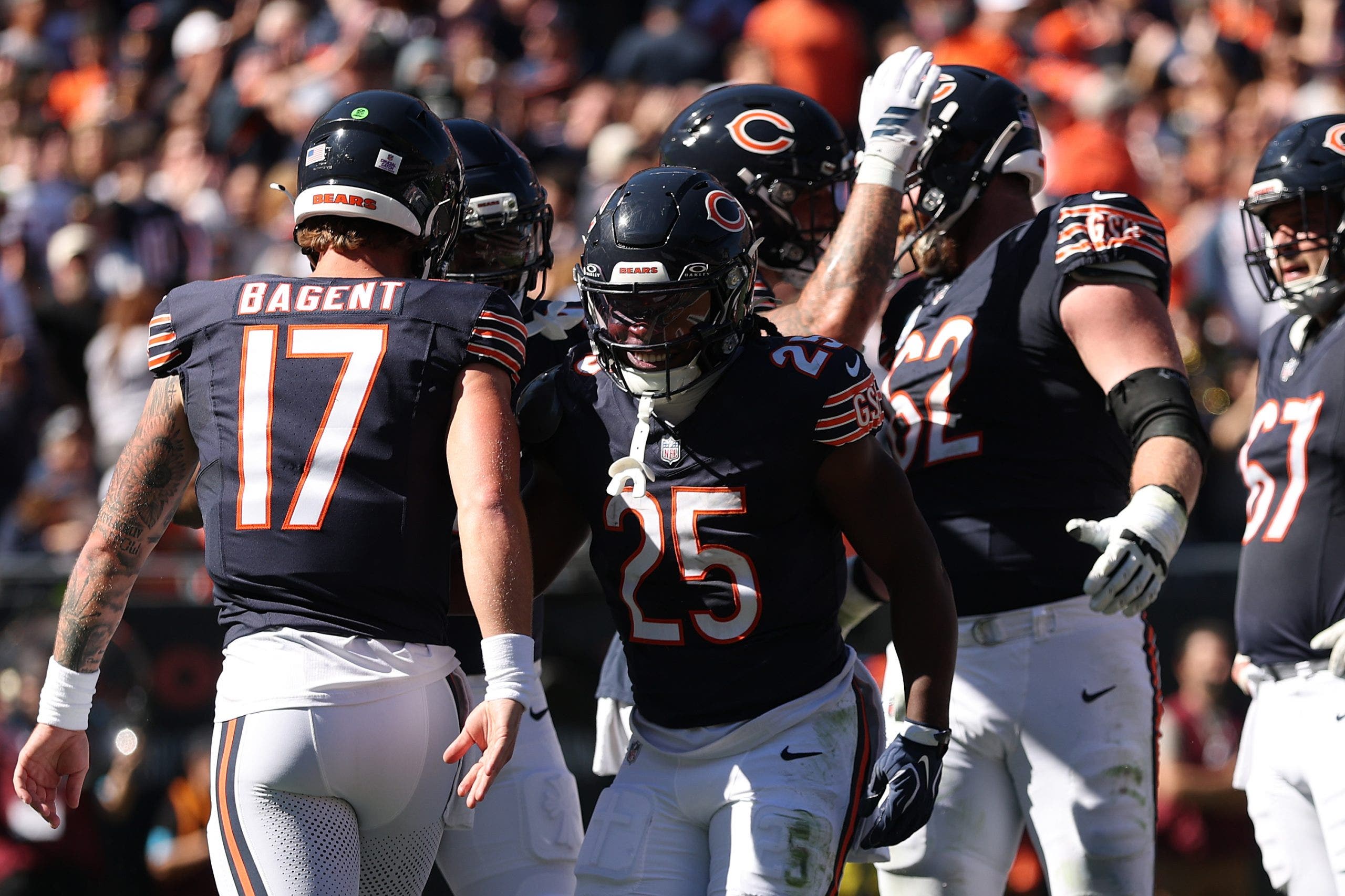 The Bears won against the New York Jets led by backup quarterback Tyson Bagent, who threw for 268 yards, and second-year running back Kyle Monangai, who carried a career-high 30 times for 146 yards and two touchdowns.  (Photo by Michael Reaves/Getty Images)
