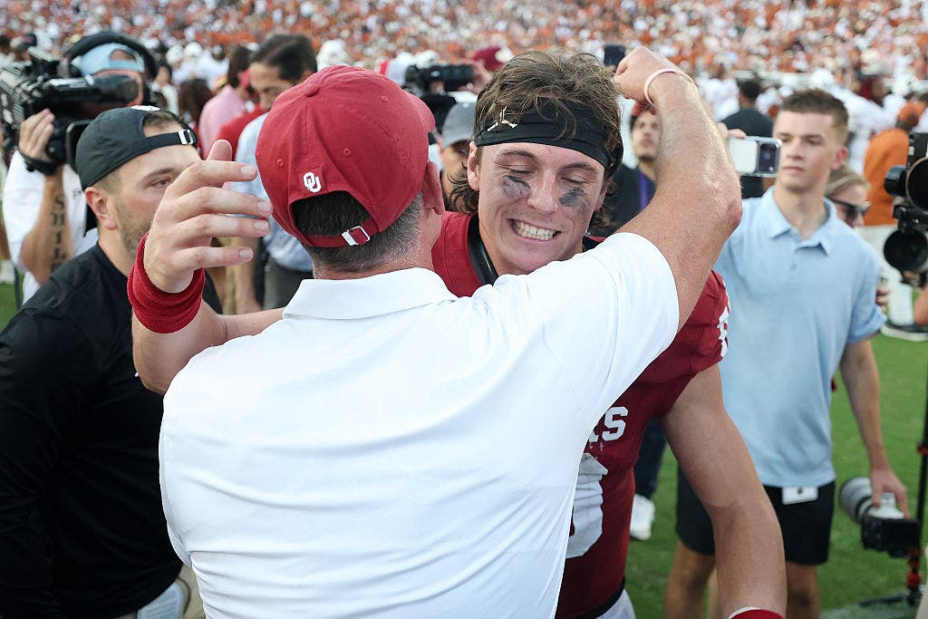Oklahoma quarterback John Mateer helped the Sooners defeat Texas in the Red River Rivalry last week. (Photo by Stacy Revere/Getty Images)